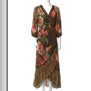 Farm Rio for Anthropologie Tropical Floral Bird Print Wrap Maxi Dress Size S